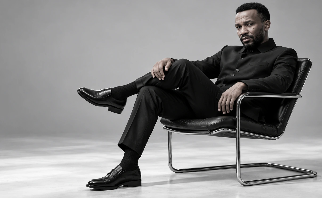 Ema Kyara seated in a monochrome studio